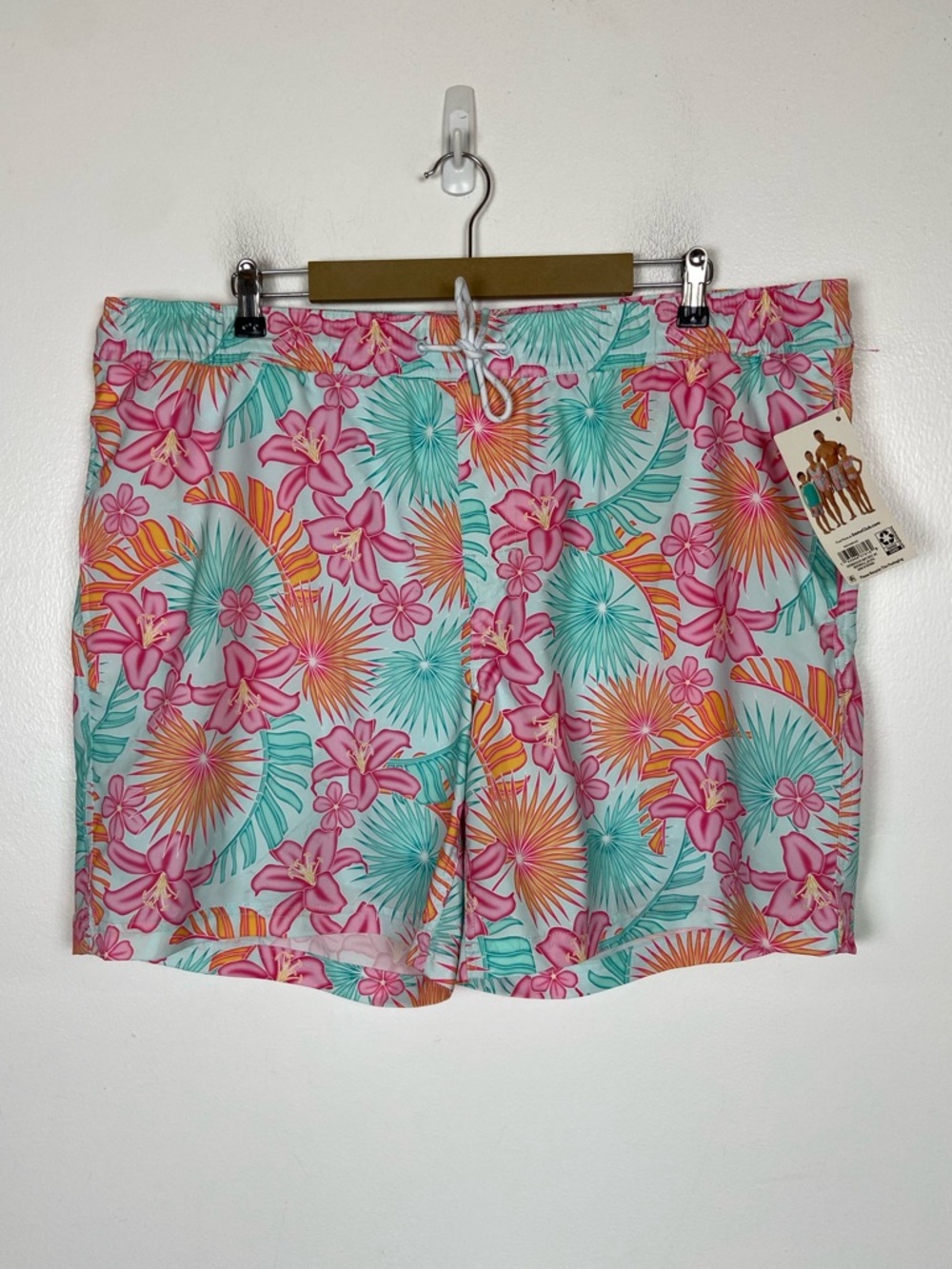 Men's Tropical Floral Swim Trunks Size XL Pink Drawstring Side Pockets Beach NWT